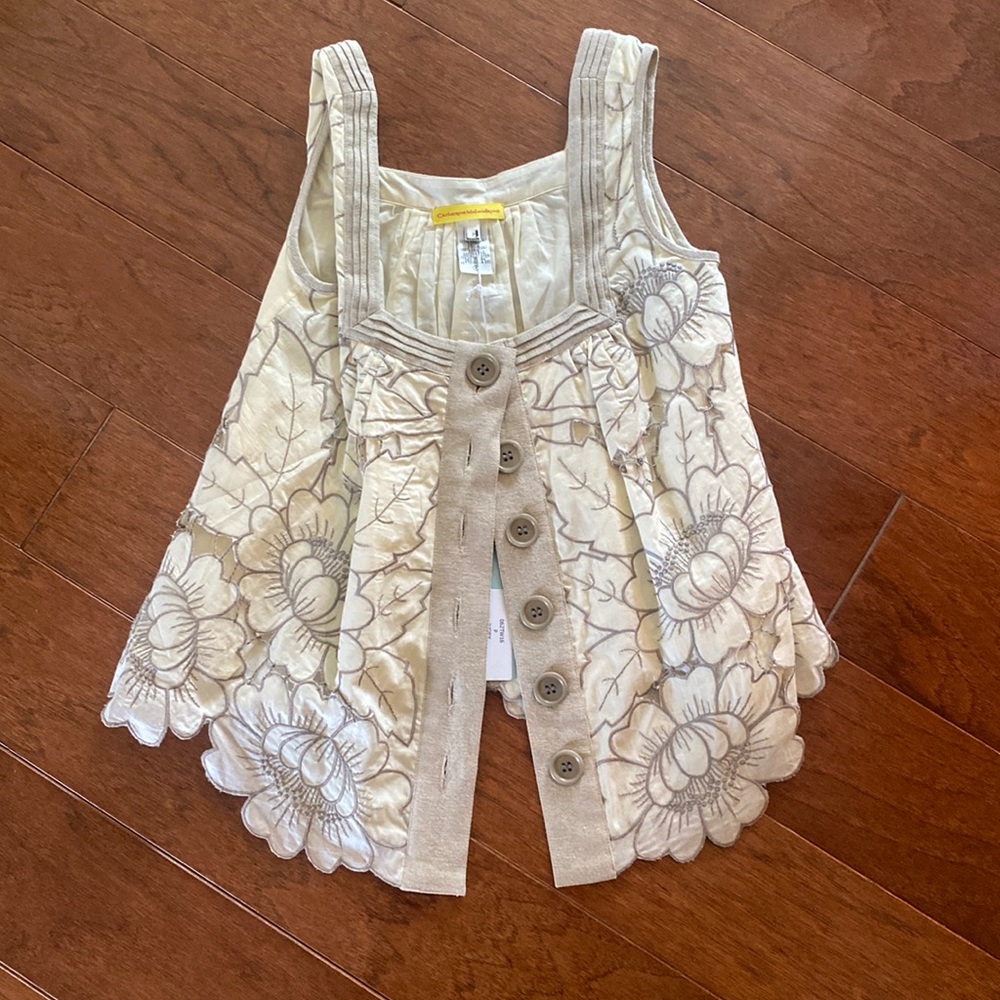 Catherine Malandrino Cream Floral Embroidered Tank with Button Front